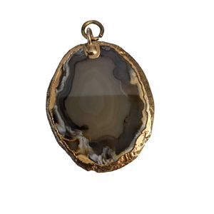 Agate Slice Gold Edge Pendant Gray Tan White 2.25" Jewelry Making Beautiful